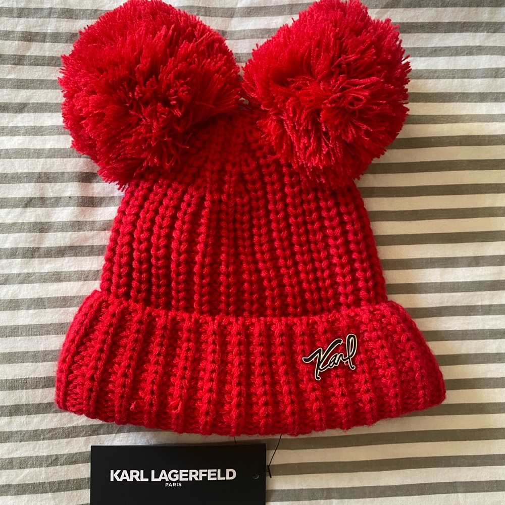 Karl Lagerfeld Women Red Pom-Pom Beanie NEW WITH TAG